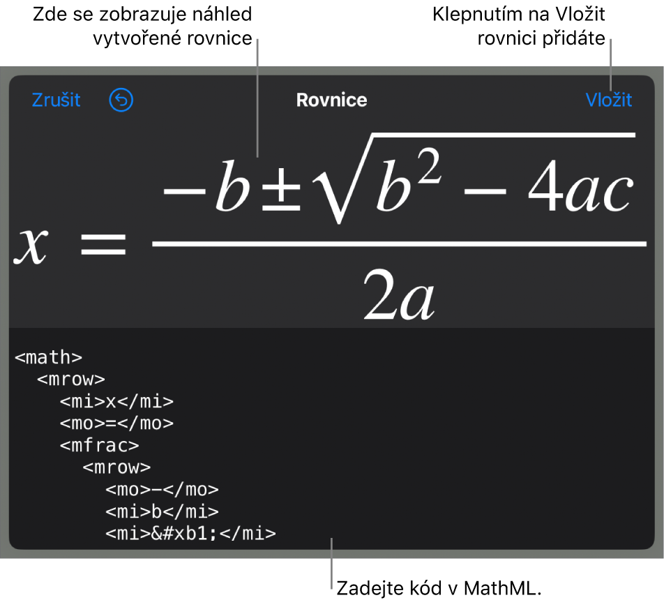 Dialogové okno Rovnice, v němž se zobrazuje zápis rovnice pomocí příkazů jazyka MathML a nad ním náhled výsledného vzorce