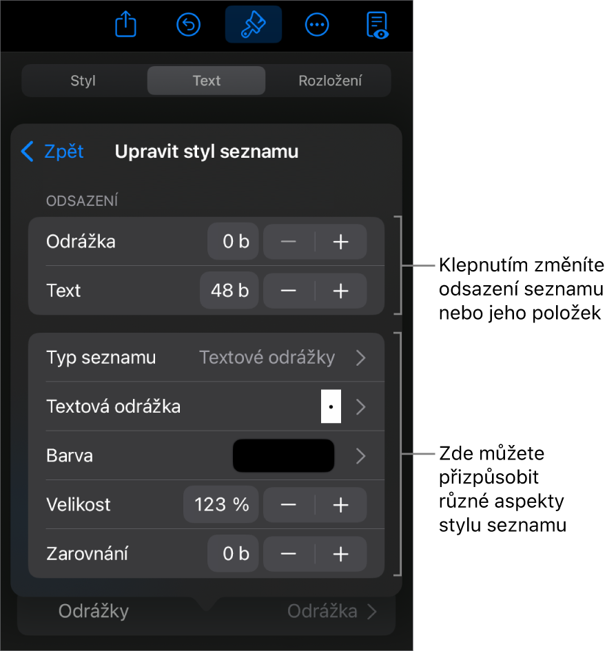 Nabídka „Upravit styl seznamu“ s ovládacími prvky pro úpravu typu a vzhledu seznamu