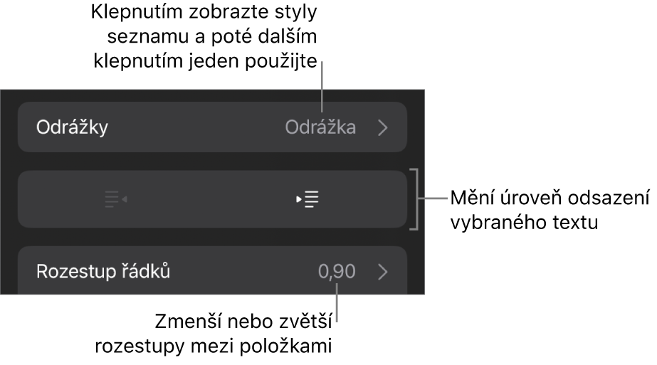Oddíl Odrážky a seznamy na panelu Formát s připojenými popisky pro ovládací prvky Odrážky a seznamy, pro tlačítka zvýšení a snížení úrovně odsazení a pro ovládací prvky řádkování.