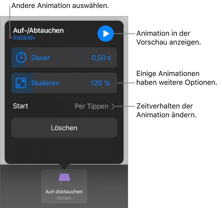 Animationsoptionen wie „Dauer“ und „Start“. Tippe auf „Ändern“, um eine andere Animation zu wählen, oder tippe auf „Vorschau“, um eine Vorschau der Animation anzuzeigen.