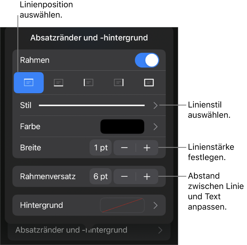 Steuerelemente, um Stil, Stärke, Position und Farbe der Linie zu ändern.