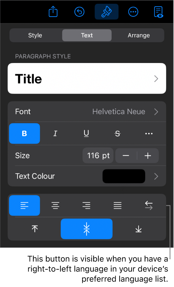 Text controls in the Format menu, with a call-out to the Left to Right button.