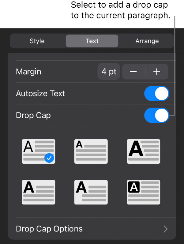 The Drop Cap controls located in the Text menu.