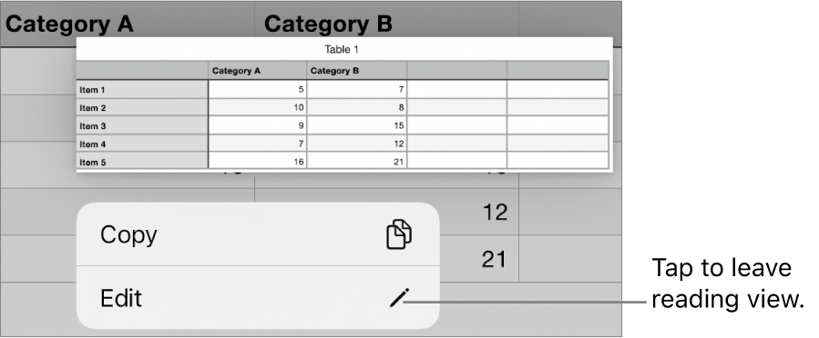 A table cell is selected, and above it is a menu with Copy and Edit buttons.