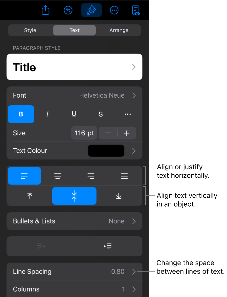 The Layout pane with callouts to the text alignment and spacing buttons.