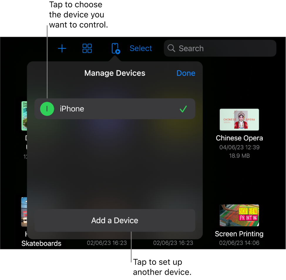 The Manage Devices popover, showing the Add a Device link.