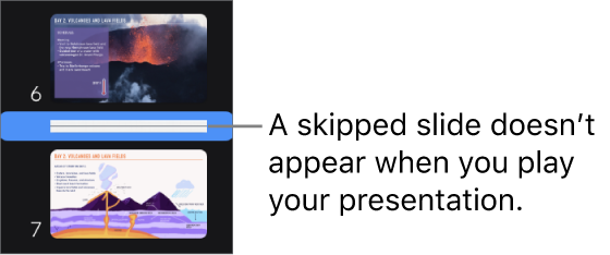 The slide navigator with a skipped slide showing as a horizontal line.