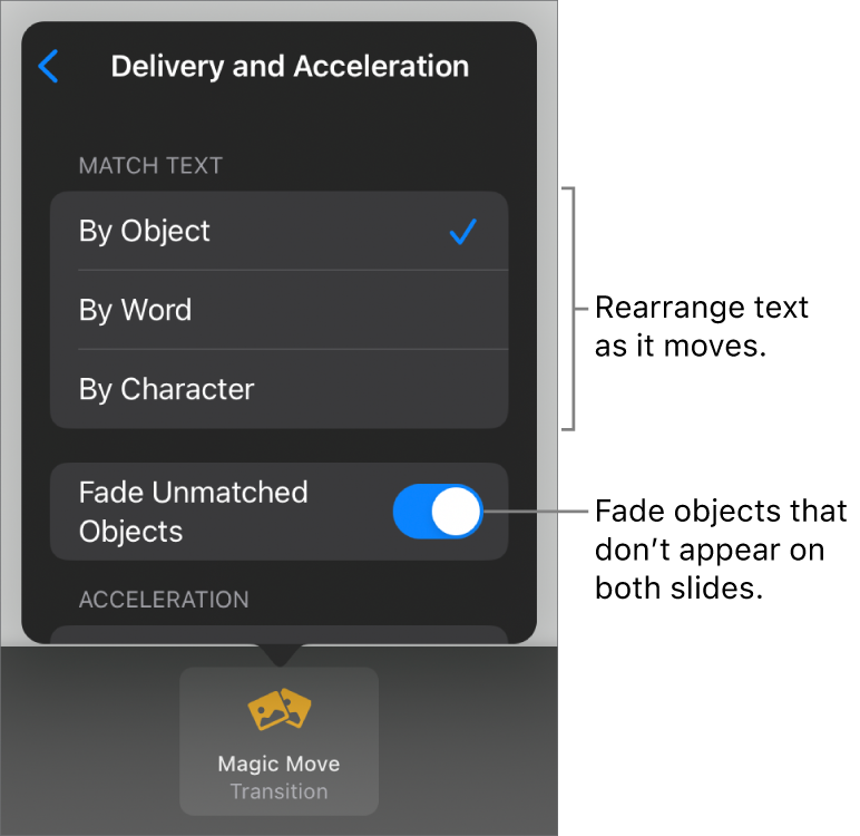 Magic Move delivery and acceleration options in the Acceleration pane.