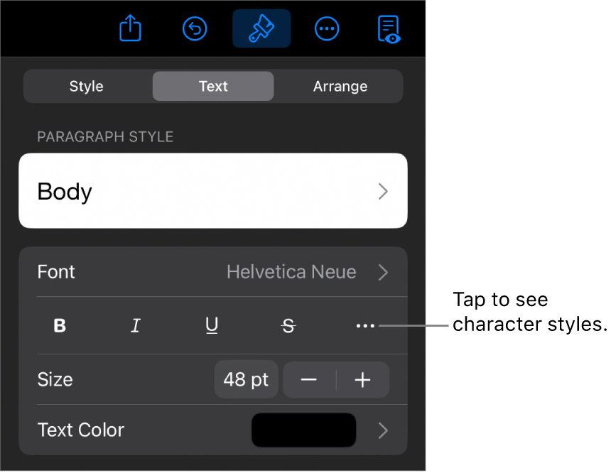 The Format controls with paragraph styles at the top, then Font controls. Below Font are the Bold, Italic, Underline, Strikethrough, and More Text Options buttons.