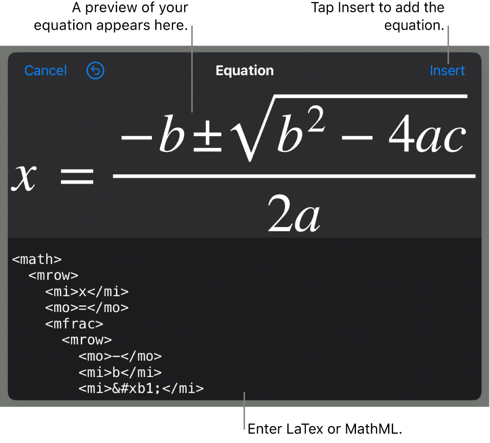 The Equation dialog, showing an equation written using MathML commands, and a preview of the formula above.