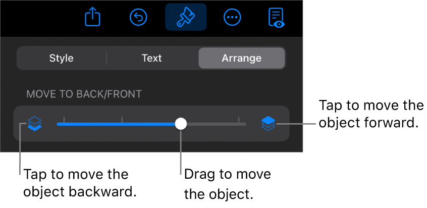 The Move Backward button, the Move Forward button, and the layering slider.