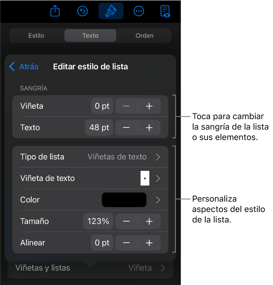 El menú Editar estilo de lista con controles para editar el tipo y aspecto de la lista.