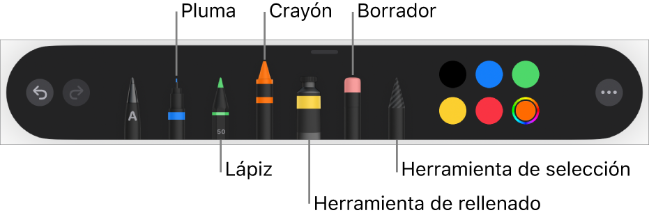 La barra de herramientas de dibujo con bolígrafo, lápiz, crayón, herramienta de rellenado, goma de borrar, herramienta de selección y la paleta de colores mostrando el color actual.