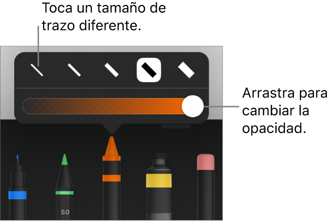 Controles para elegir el tamaño del trazo y selector para ajustar la opacidad.