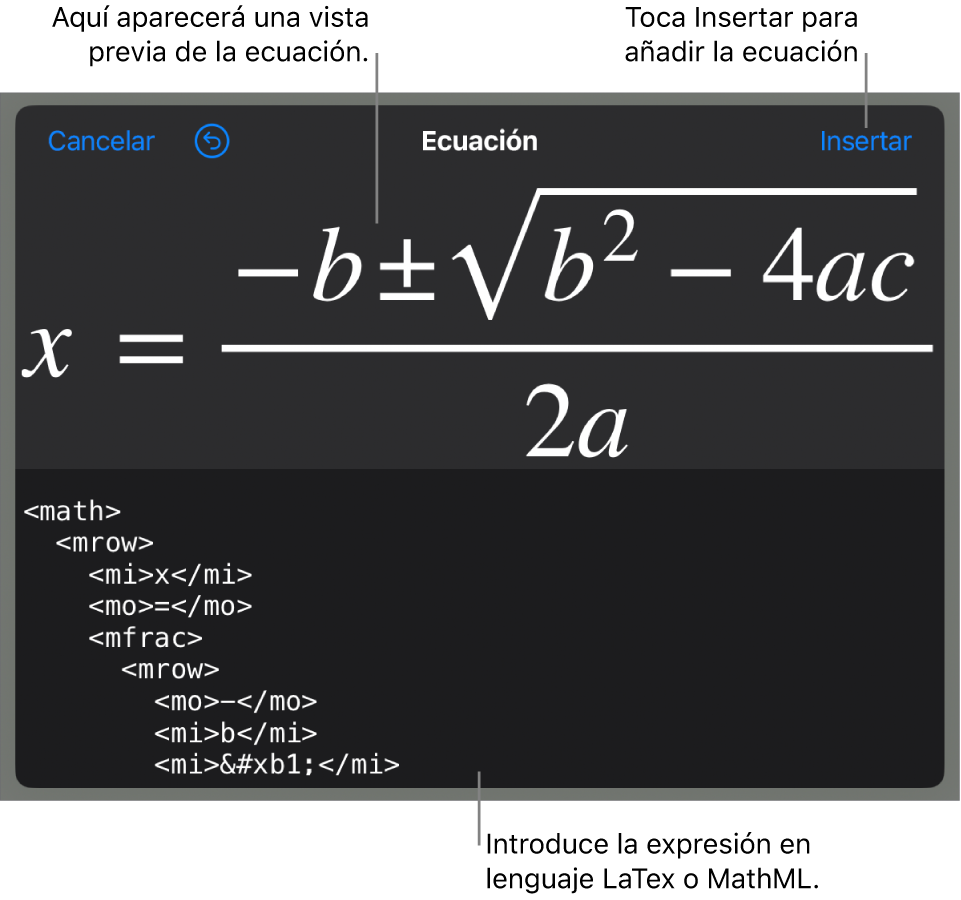 El diálogo Ecuación con una ecuación escrita con comandos de MathML y una previsualización de la fórmula encima.