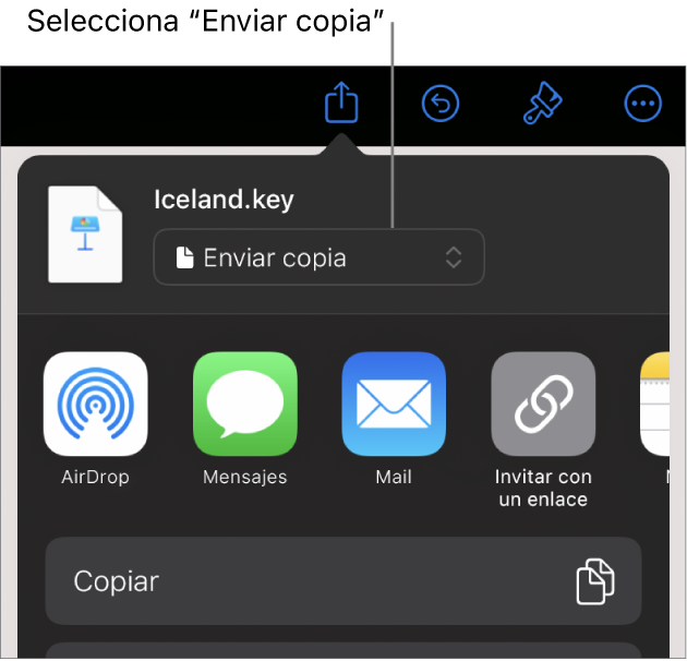 El menú Compartir con la opción “Enviar copia” seleccionada en la parte superior.