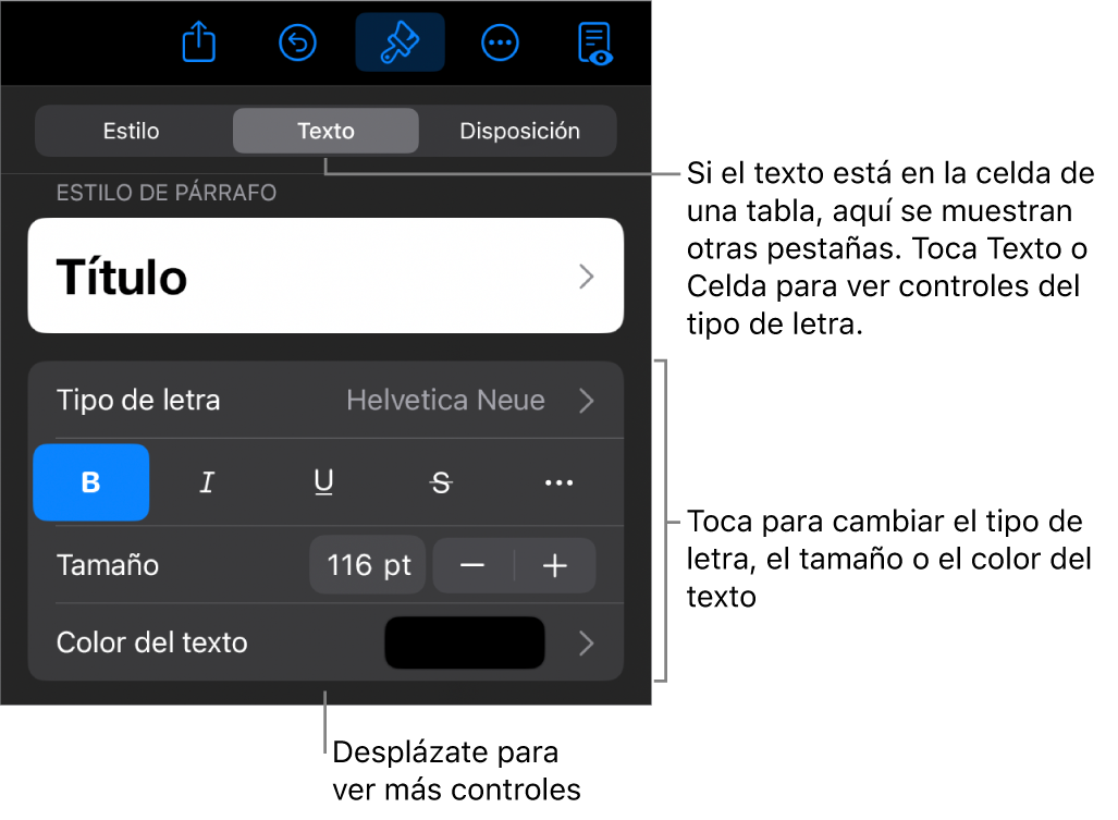 Controles de texto en el menú Formato para configurar los estilos de párrafo y carácter, tipo de letra, tamaño y color.