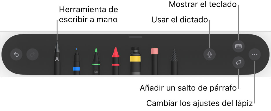 La barra de herramientas de escribir y dibujar con la herramienta “A mano” a la izquierda. A la derecha, se encuentran los botones para usar dictado, mostrar el teclado, añadir un salto de párrafo y abrir el menú Más.