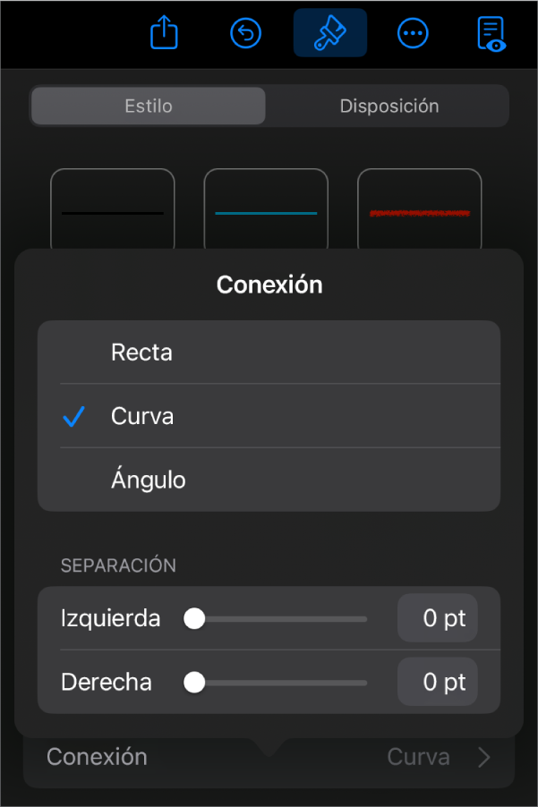 Controles de Conexión con la opción Curva seleccionada.