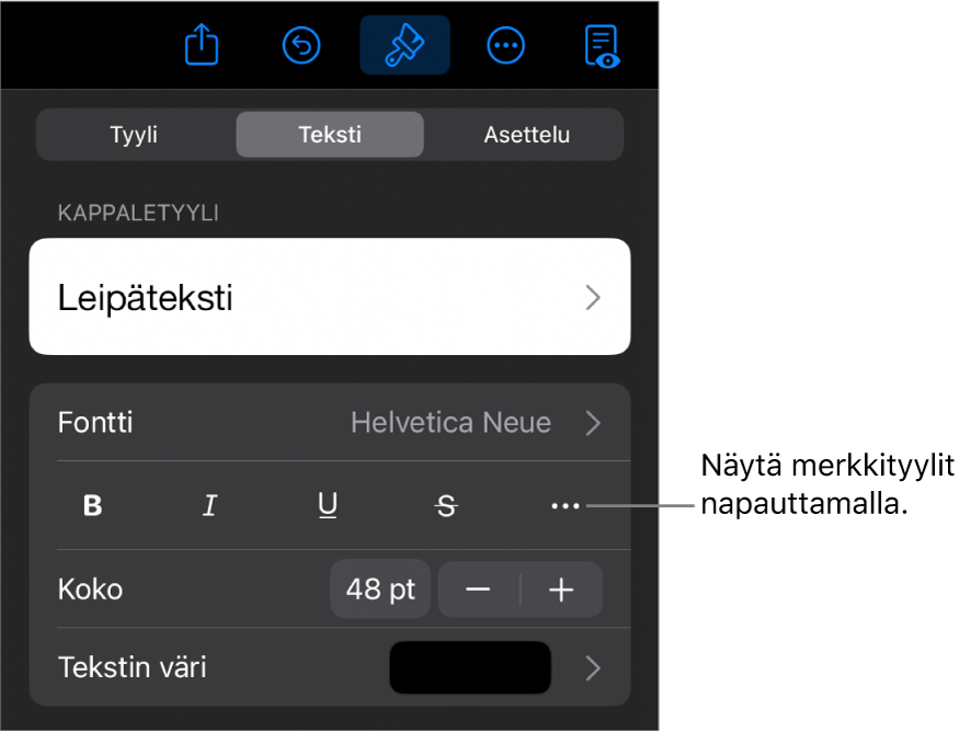Muoto-säätimet, joiden yläreunassa on kappaletyylit, ja Fontti-säätimet. Fontin alla on seuraavat painikkeet: Lihavointi, Kursivointi, Alleviivaus, Yliviivaus ja Lisää tekstivalintoja.