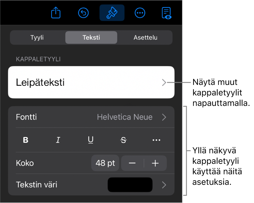 Muoto-valikko, jossa on tekstisäätimet kappale- ja merkkityylien, fontin, koon ja värin valitsemista varten.