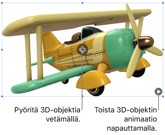 3D-objekti, jonka keskellä on Pyöritä-painike ja jonka oikeassa alakulmassa on Toista-painike.