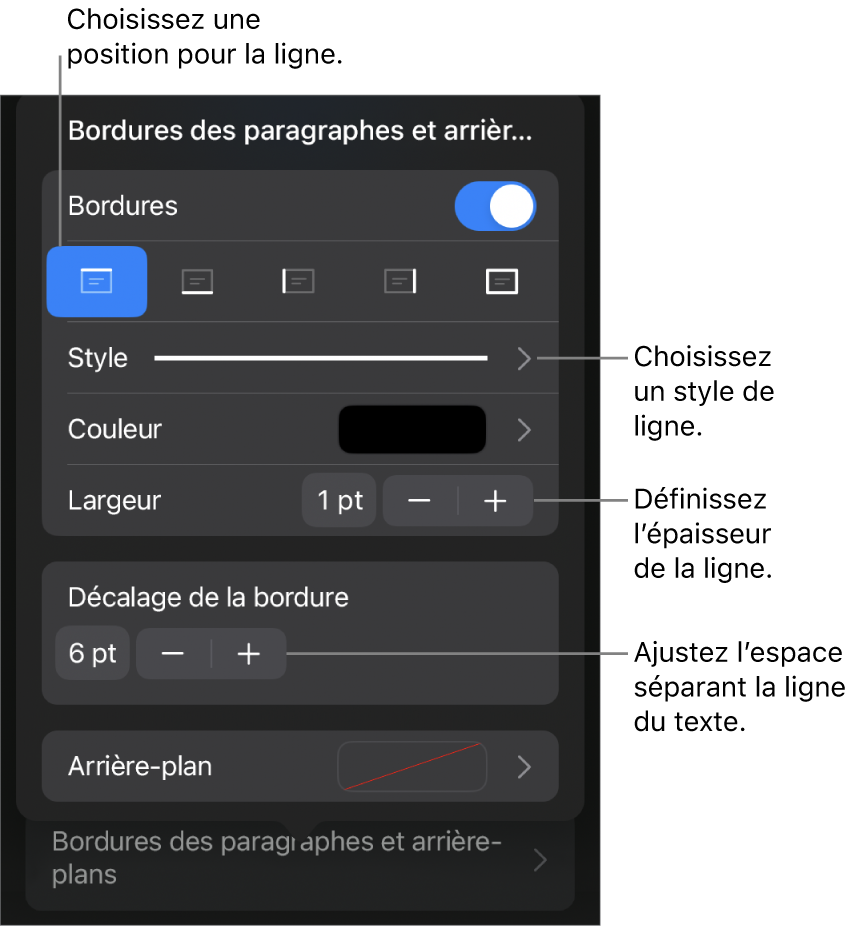 Commandes permettant de modifier le style, l’épaisseur, la position et la couleur de la ligne.