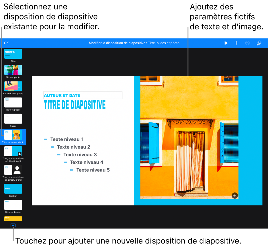 Une disposition de diapositive sur le canevas de diapositive, avec le bouton « Ajouter une disposition de diapositive » en bas du navigateur de diapositives.