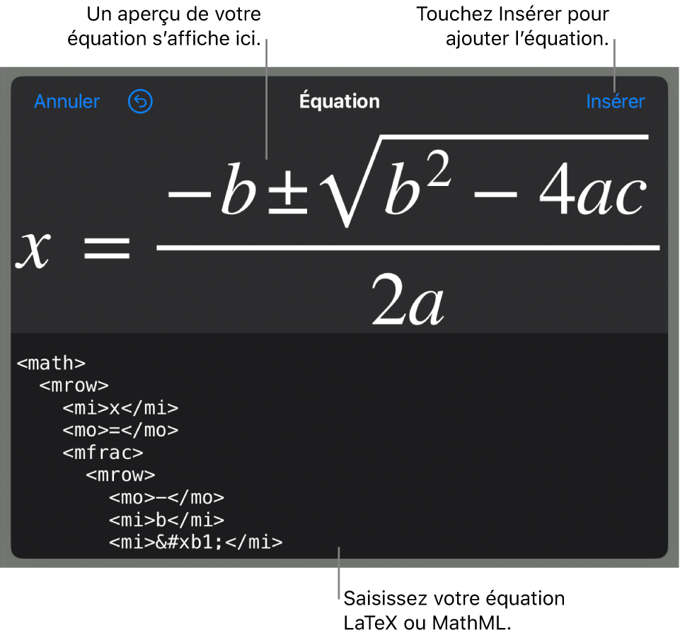 Zone de dialogue Équation, affichant une équation composée à l’aide des commandes MathML, et un aperçu de la formule au-dessus.