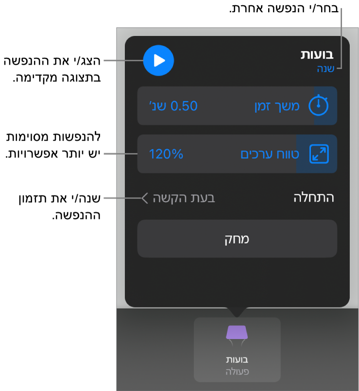 אפשרויות ההנפשה כוללות תזמון ״משך זמן״ ו״התחלה״. הקש/י על ״שינוי״ כדי לבחור הנפשה אחרת, או על ״תצוגה מקדימה״ כדי להתחיל תצוגה מקדימה של ההנפשה.