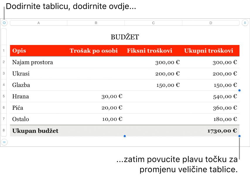 Odabrana tablica, s plavim točkama za promjenu veličine.