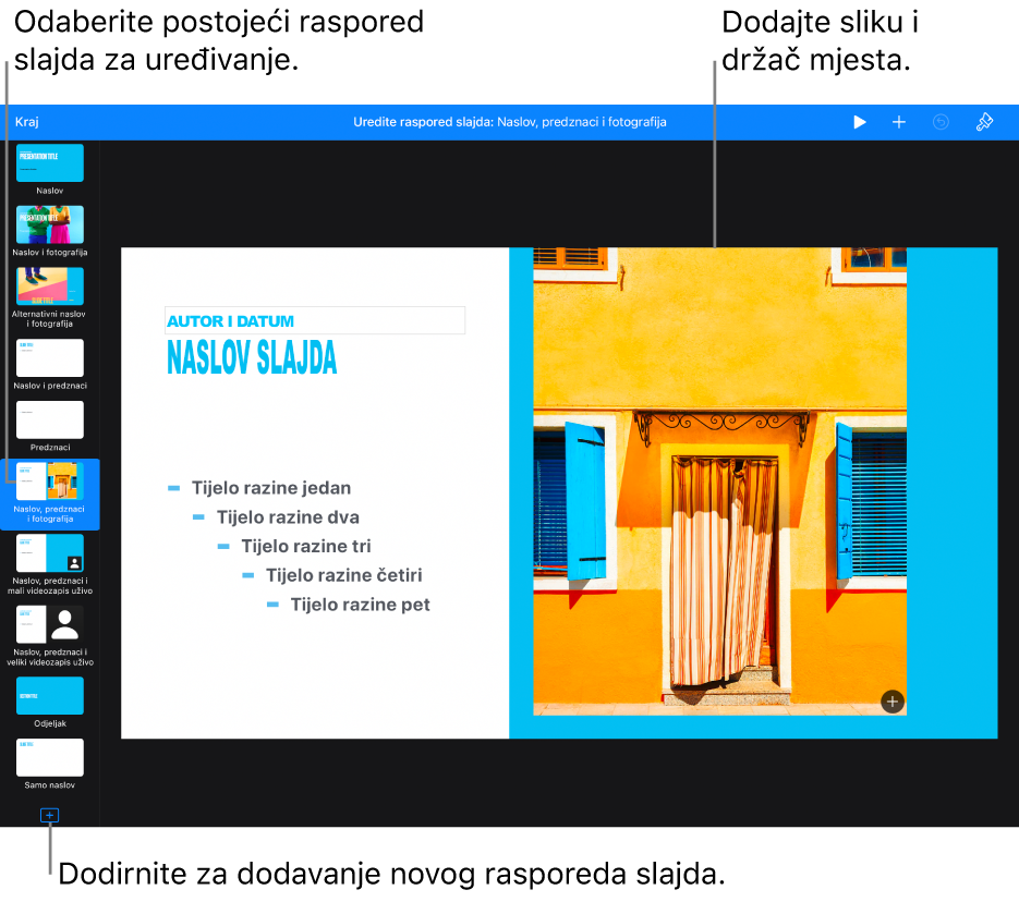 Raspored slajdova pojavljuje se na platnu slajda, a na dnu navigatora slajdova nalazi se tipka Dodaj raspored slajdova.