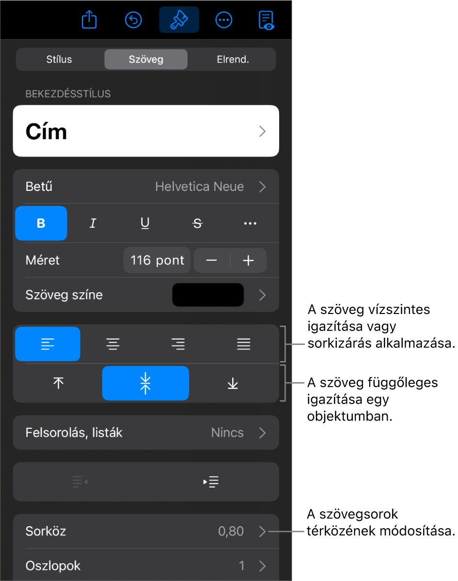 Az Elrendezés panel a szövegigazítási és térköz-beállítási gombokat ismertető feliratokkal.