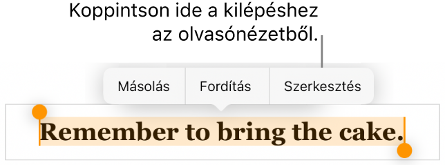 Egy kijelölt mondat, amely fölött a Másolás és Szerkesztés gombokat tartalmazó környezetfüggő menü látható.