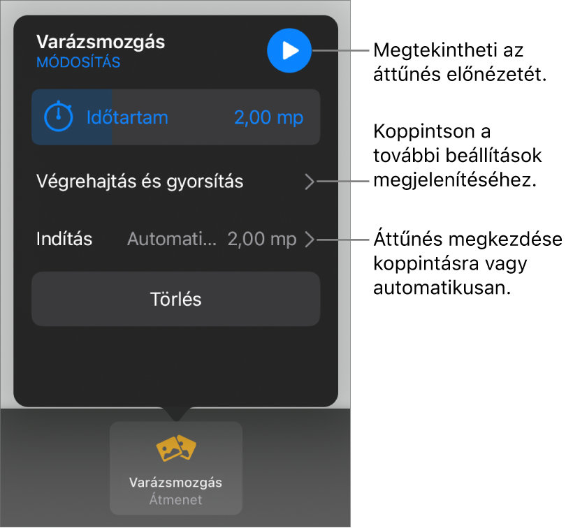 A Varázsmozgás vezérlői az Áttűnések panelen.