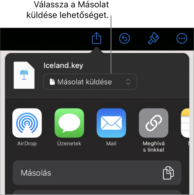 A Megosztás menü a felül elhelyezkedő Másolat küldése lehetőséggel.