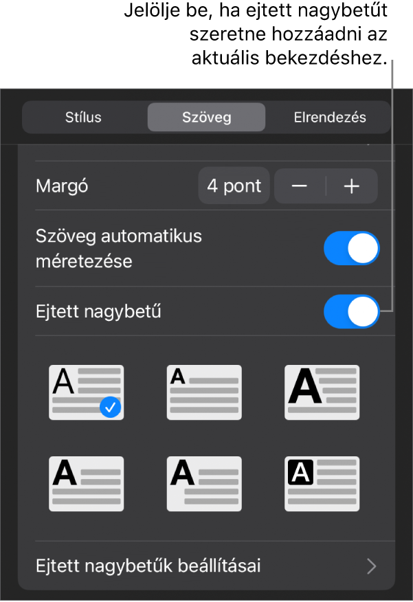 A Szöveg menüben található Iniciálé vezérlők.