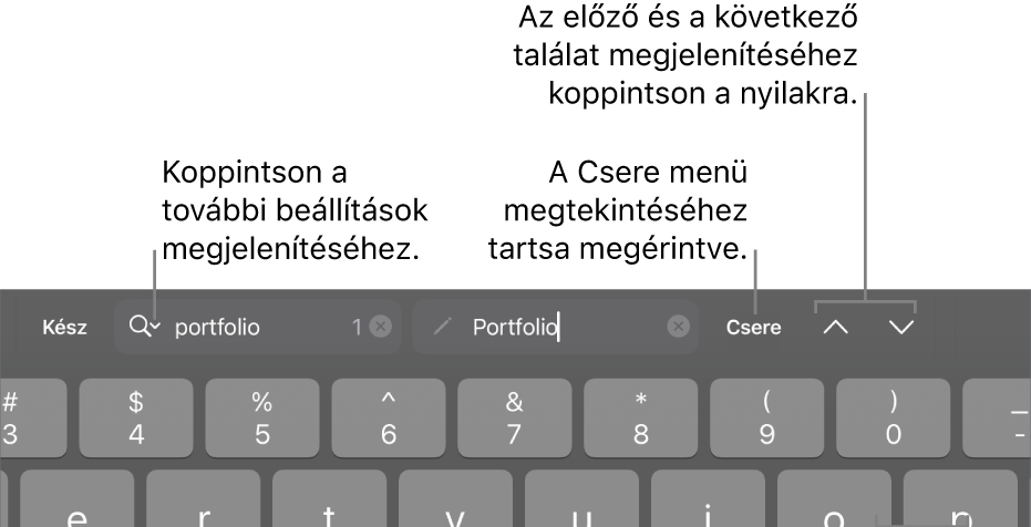 A Keresés és csere vezérlői a billentyűzet fölött, a Keresési beállítások, a Csere, az Ugrás felfelé és az Ugrás lefelé gombokat jelölő feliratokkal.