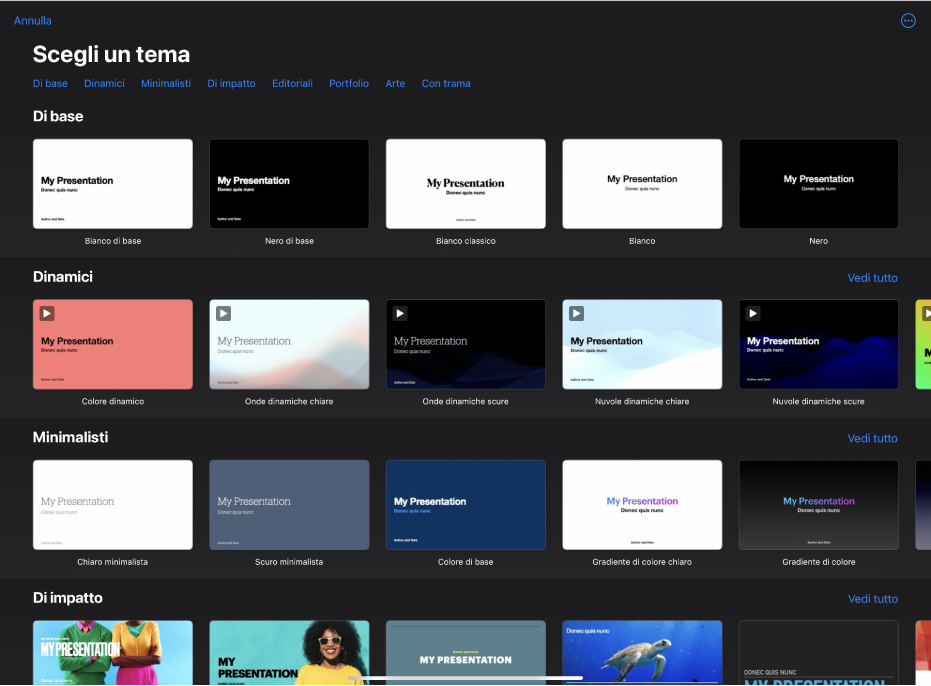 “Scelta temi”, in cui è visibile una riga di categorie nella parte superiore dello schermo che puoi toccare per filtrare le opzioni. Sotto si trovano le miniature di temi predefiniti organizzati in righe per categoria.