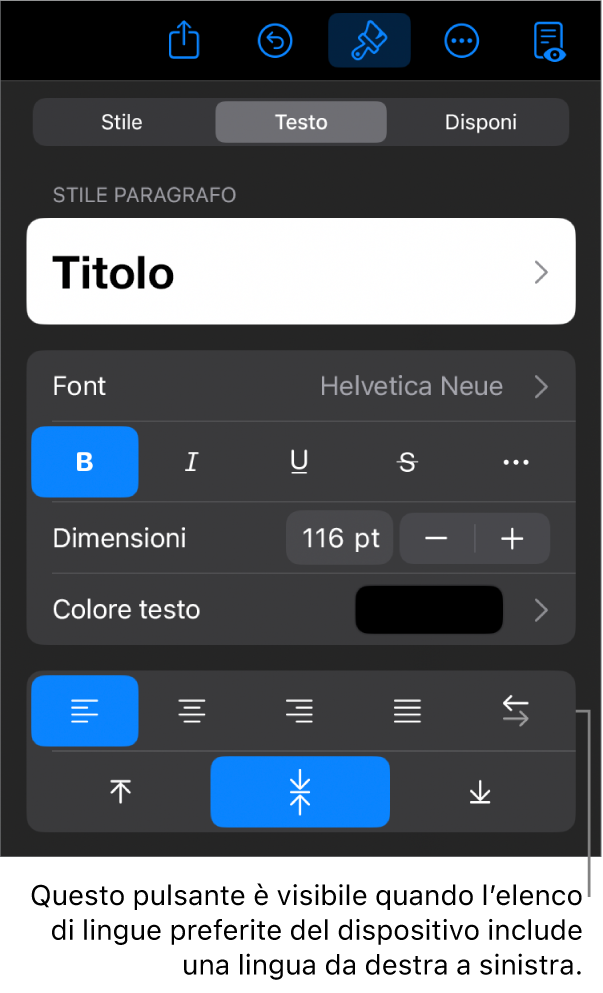 Controlli del testo nel menu Formato con una didascalia per il pulsante “Da sinistra a destra”.