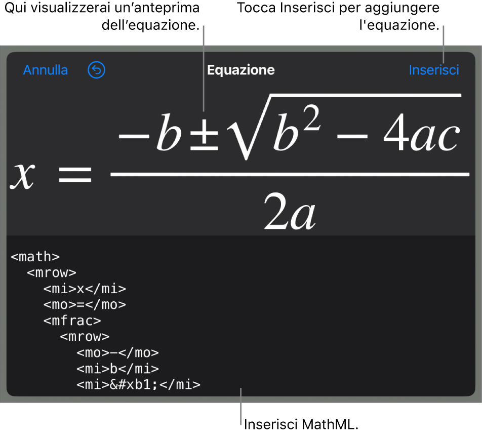 La finestra di dialogo Equazione che mostra l’equazione scritta tramite comandi MathML e un’anteprima della formula di cui sopra.