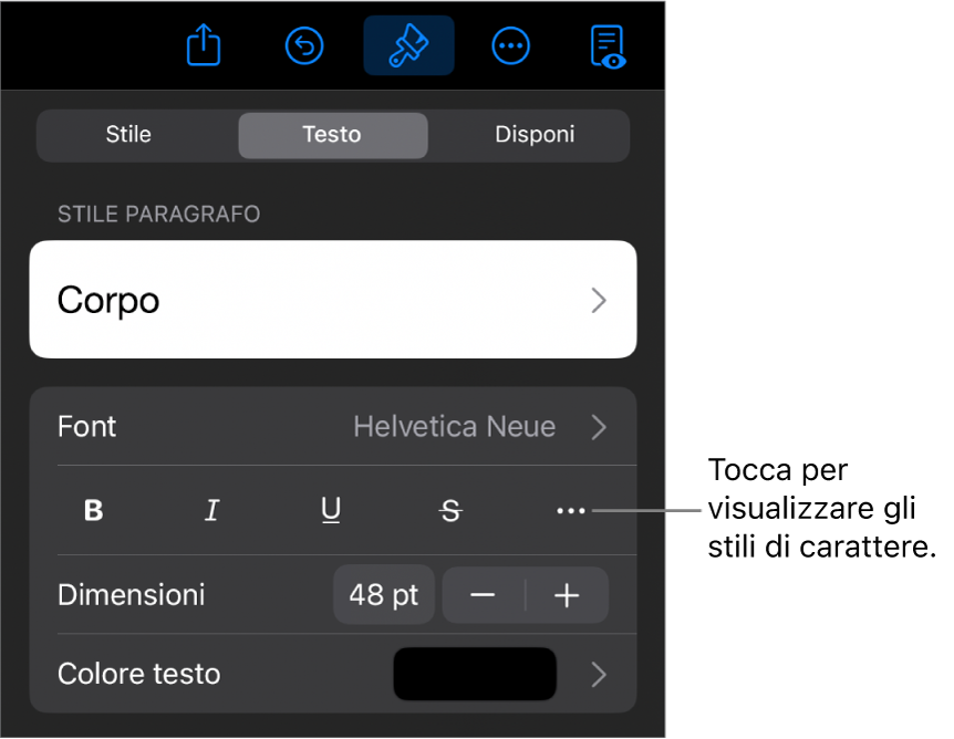 I controlli Formato con gli stili di paragrafo nella parte superiore, quindi i controlli Font. Sotto Font sono presenti i pulsanti Grassetto, Corsivo, Sottolineato, Barrato e “Altre opzioni di testo”.