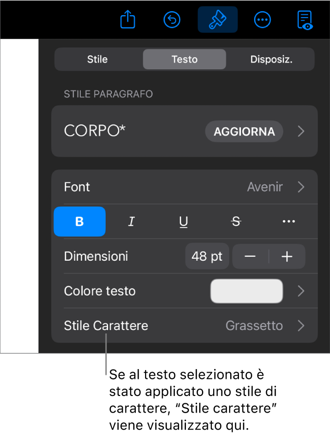 Controlli di Formato con “Stile carattere” sotto i controlli di Colore. Stile carattere Nessuno compare con un asterisco.