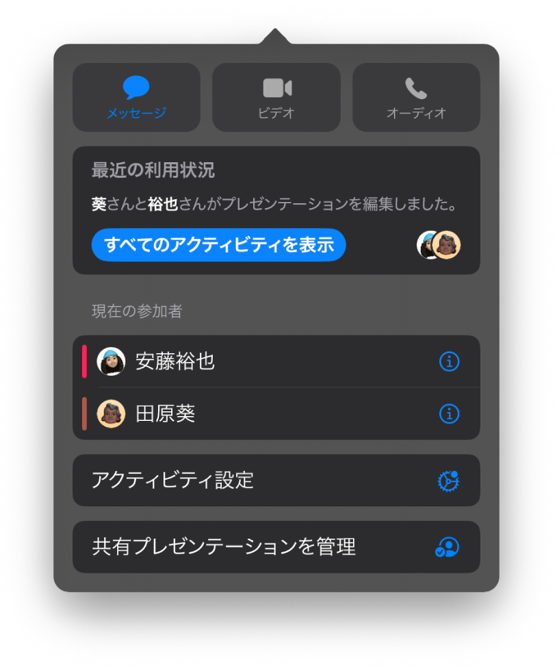 プレゼンテーションを共同作業している人々の名前を示す共同作業メニュー。