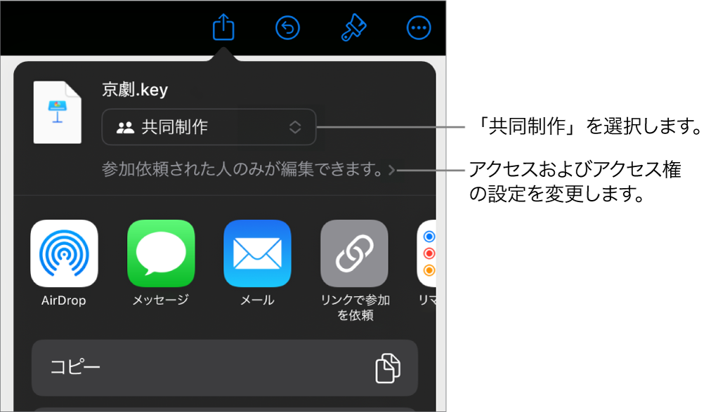 「共有」メニュー。上部の「共同作業」が選択されていて、下に参加対象とアクセス権の設定があります。