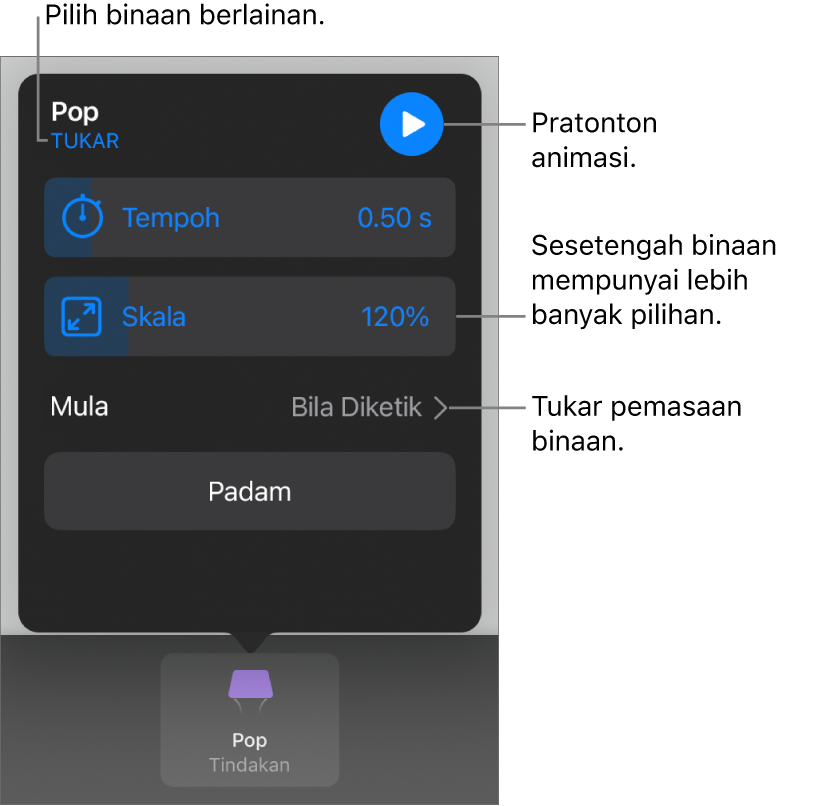 Pilihan binaan menyertakan Tempoh dan Masa mula. Ketik Tukar untuk memilih binaan yang berbeza, atau ketik Pratonton untuk pratonton binaan.