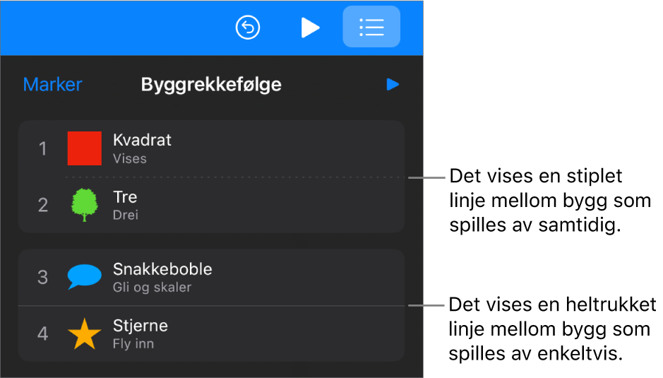 Byggrekkefølge-menyen, med en stiplet linje mellom byggene som spilles av automatisk, og en heltrukket linje mellom bygg som spilles av ett etter ett.