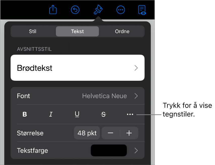 Format-kontrollene med avsnittsstiler øverst, deretter Font-kontroller. Under Font vises Halvfet-, Kursiv-, Understreket-, Gjennomstreket- og Flere tekstvalg-knappene.