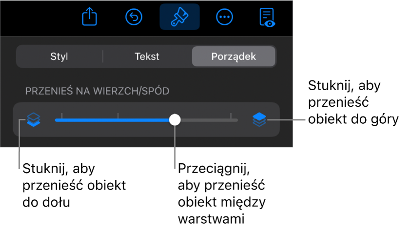 Przycisk przenoszenia niżej, przycisk przenoszenia wyżej i suwak warstw.