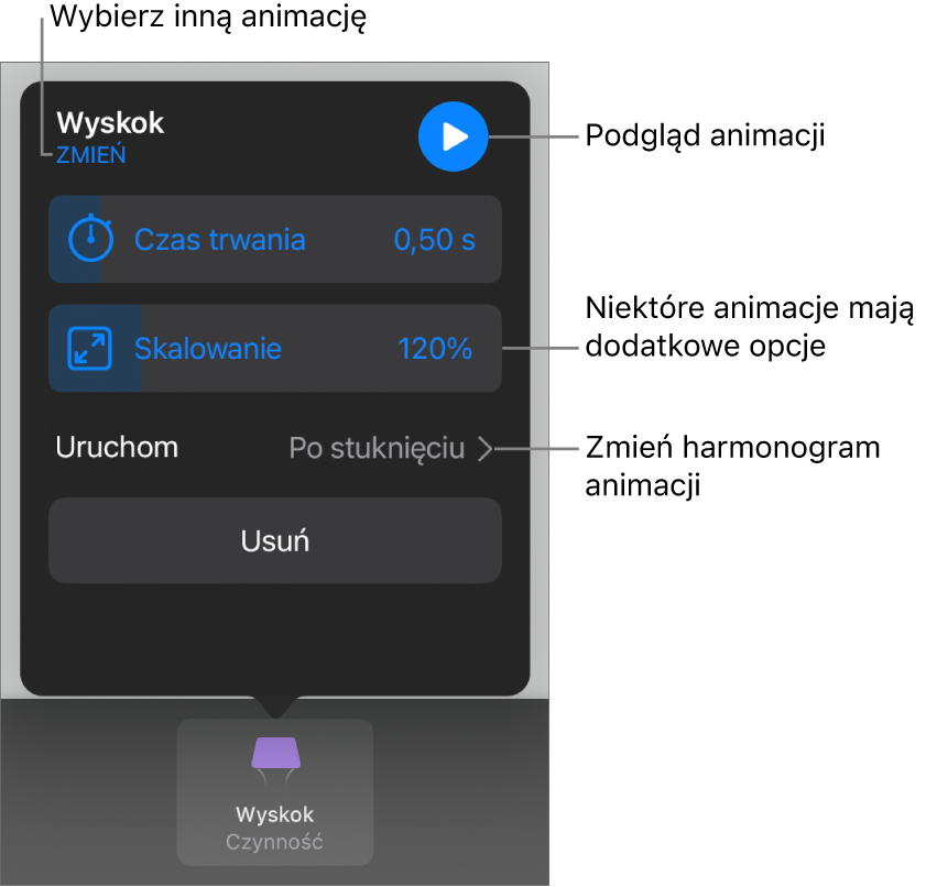 Widoczne są opcje animacji: Czas trwania oraz Rozpoczęcie. Stuknij w Zmień, aby wybrać inną animację. Stuknij w Podgląd, aby zobaczyć podgląd animacji.